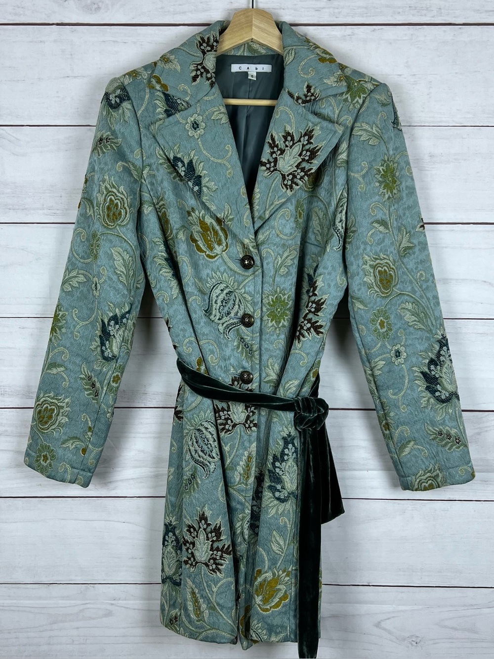 CABI Guinevere Tapestry Brocade Coat Blue Green Floral Velvet Size 8
